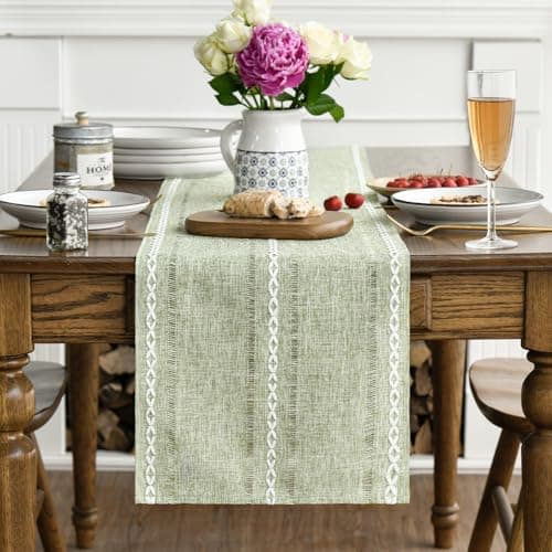 Artoid Mode Sage Green Rustic Cotton Linen Table Runner, Seasonal Embroidered Hollow Kitchen Dining Table Decoration for Home Party Decor 13x72 Inch — view 2