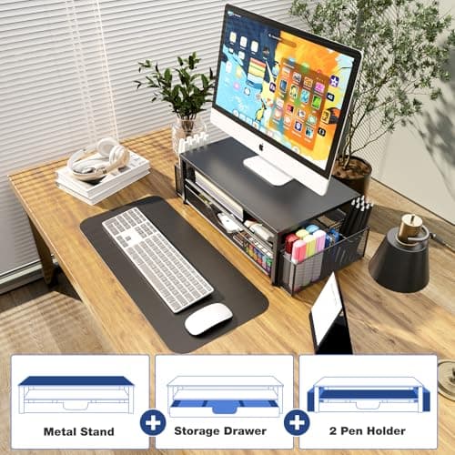 OPNICE Desk Organizer and Accessories, 2-Tier Computer Monitor Stand Riser with Drawer and 2 Pen Holders, Laptop Stand, Office Desk Accessories for Office Supplies, Black — view 6