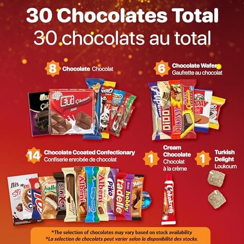 Eastanbul International Snack Box, 30 Chocolate Assortment Bars, Turkish Exotic Snacks, Assorted Candy Variety Pack of Foreign Exotic Candy Box of Assorted Chocolate