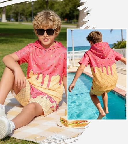 UNIFACO Funny Ice Cream Boys Hoodie Short Sleeve Sweatshirts Breathable Performance Shirts with Front Pouch Pocket Athletic Pullover, Pink and Yellow, 8 Years