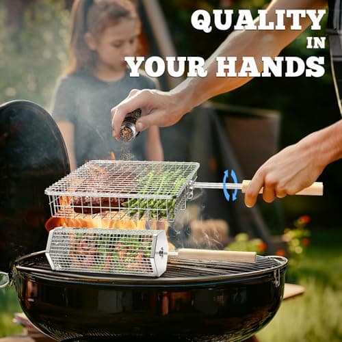 ivtivfu Grill Basket Set, Removable Wooden Handle, 304 Stainless Steel, Rolling Grilling Tools, Smoker BBQ Accessories for Vegetable Fish, Outdoor Cooking Camping, Birthday Gifts for Men Dad Husband — view 2