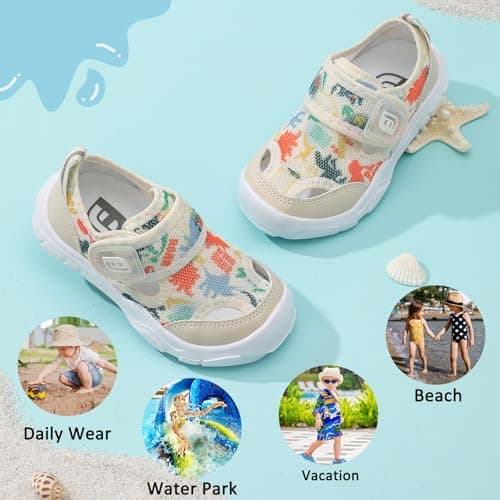 JOINFREE Closed Toe Water Sandals for Toddlers Wide Fit Quick-Dry Aqua Shoes with Anti-Collision Toe for Summer Activities Beige Dinasour Size 8 — view 6