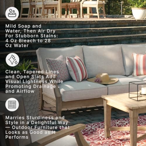 Signature Design by Ashley Clare View Outdoor Patio Sofa, 4 Throw Pillows, Nuvella Weather Resistant Fabric, Eucalyptus Wood, 81" W x 35" D x 32" H, Beige — view 4