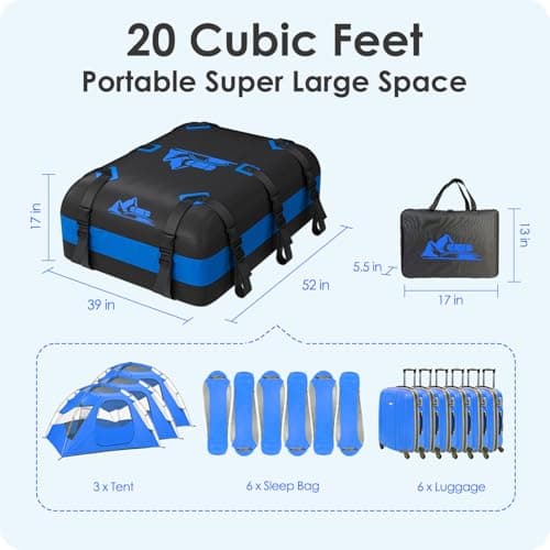 BATSUVCER Car Rooftop Cargo Carrier Bag 20 Cubic Feet, 100% Waterproof Heavy Duty Car Roof Bag for All Vehicle with/Without Racks - Anti-Slip Mat, 6 Door Hooks, Storage Bags, 5CM Straps(Blue) — view 5