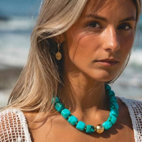 TENTMENTISE Chunky Necklaces for Women, Turquoise Beaded Necklace for Women Trendy, Gold Plated Chunky Turquoise Boho Choker Necklaces, Womens Summer Beach Jewelry Gifts for Vacation Holiday — view 3