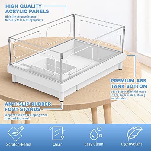 MoonOrange Small Turtle Tank Kit(Tank+Light+Filter), Acrylic Turtle Tank Starter Kit with Bask Platform, Bottom Drain, Multi-Function Area for Small Reptiles.(White)