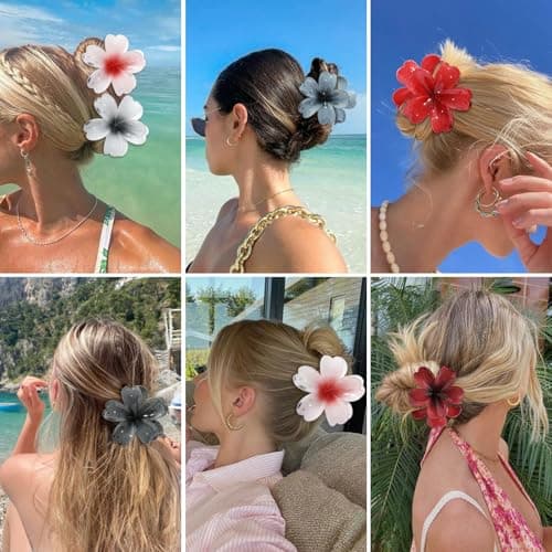 SMKSL 6 Pcs Flower Hair Claw Clips for Women Hawaiian Large Hair Clips for Thick Thin Curly Hair, Strong Hold & Non-Slip, Stylish Medium Beach Hair Accessories for Women Girls (Dark & Red) — view 5