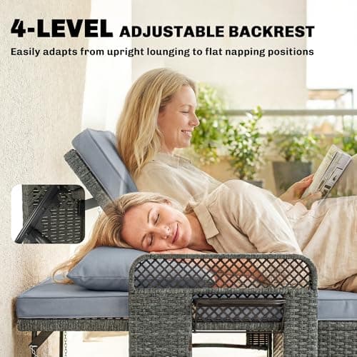 Outsunny 2 Pieces Patio Lounge Chair Set with Cushions, PE Wicker Outdoor Chaise Lounge with Adjustable Backrest, Side Trays and Storage Ottoman, Tanning Chair, Light Grey — view 4