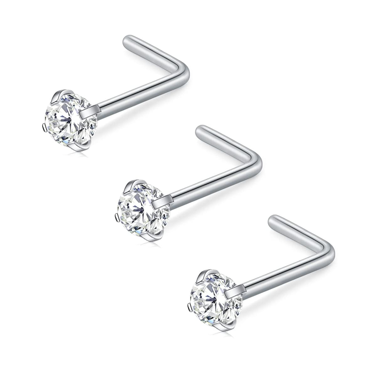 FECTAS Nose Stud L Shape Nose Ring Stud Nose Bar 18G 20G 1.5mm 2mm 2.5mm 3mm L Shaped Nose Piercing Jewellery Stainless Steel Clear Pink Blue Round Star Heart Diamond Silver Gold Black — view 3