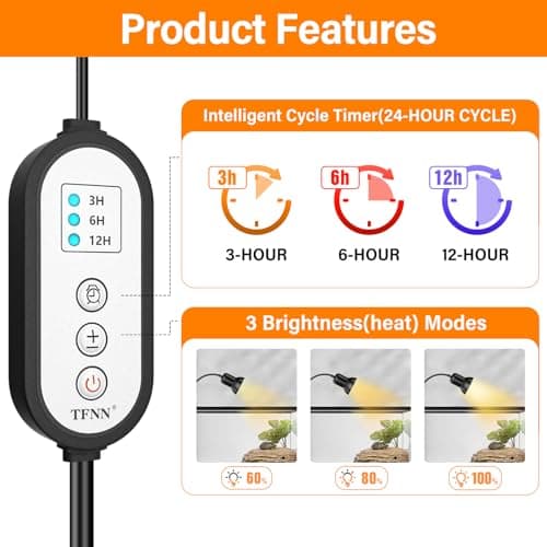 TFNN Reptile Heat Lamp, Heat Lamp with Clamp, UVA UVB Reptile Light with Intelligent Cycle Timer for Turtle, Bearded Dragon, Lizard and More, 2 Bulbs 50W+75W — view 2