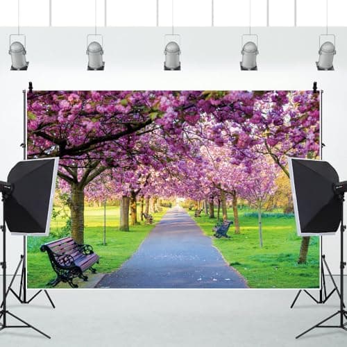 Leowefowa Spring Garden Backdrops for Photography Vinyl 10x8ft Pink Cherry Blossom Flower Background Jungle Forest Trees Plants Green Grassland for Wedding Ceremony Party Decor Banner Photo Props