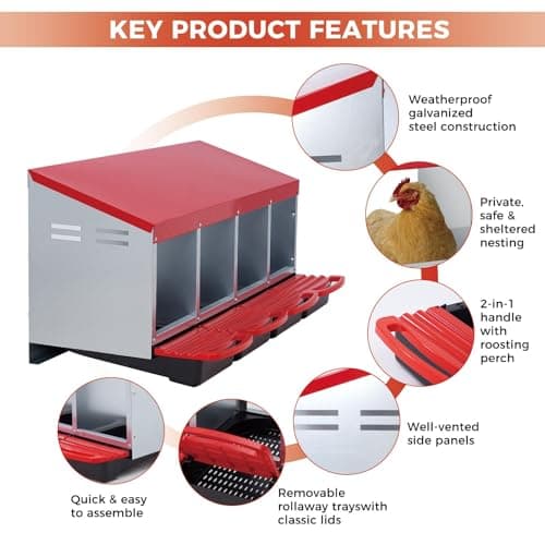 Chicken Nesting Box 4 Compartments, Metal Nesting Box for Laying Hens, Large Egg Gathering Box for Chicken Coop Outdoor, Red — view 3