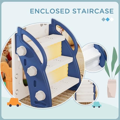 Qaba Toddler Slide, 9 in 1 Slide for Kids with Basketball Hoop, Climber, Telescope, Tunnel, Steering Wheel, Aisle, Storage Baskets, Indoor Slide Playset for 1-3 Years, Orange — view 4