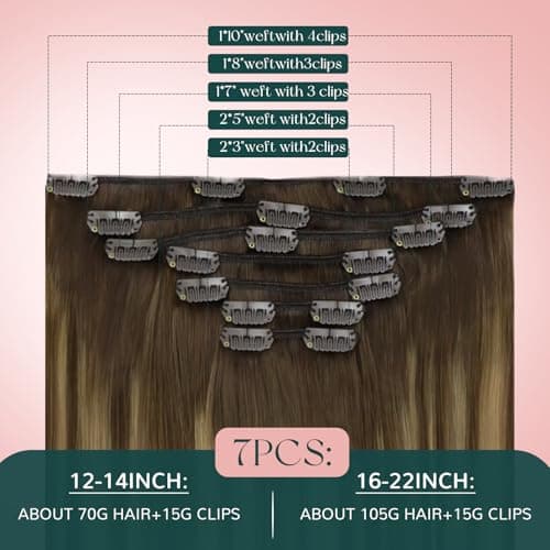 Easyouth Balayage Clip in Hair Extensions Seamless Real Human Hair Clip in Extensions Dark Brown Fading to Caramel Blonde Mix Brown Balayage Human Hair Extensions Clip ins 12 Inch 80G 7Pcs — view 4