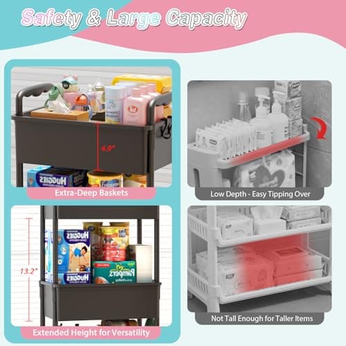 SUNALLY Baby Diaper Caddy Cart, 3 Tier Rolling Diaper Cart with Lockable Wheels for Nursery Essentials, Large Capacity & Easy Assemble Diaper Storage Organizer for Newborn,New Mom, Black — view 2