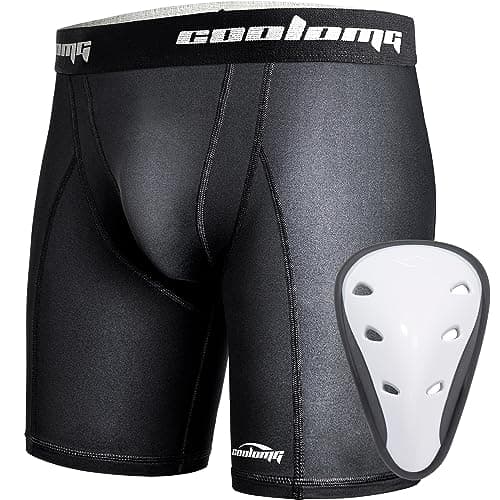 COOLOMG Boys Compression Shorts with Athletic Cups Groin Protector Support Jock Shorts for Kids Youth Black