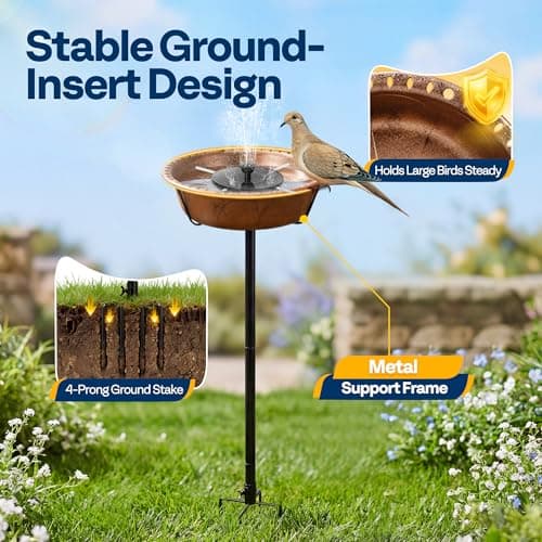 VIVOHOME Bird Bath with Solar Fountain for Outside, Weather-Resistant ABS Birdbath Bowl with Solar Powered Pump, Metal Ground Stake for Outdoor, Garden, 1.45 Gallons, Bronze — view 4