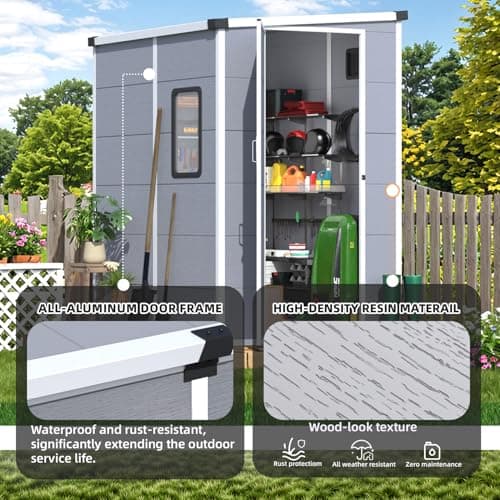 MELLCOM 5x4 FT Resin Outdoor Storage Shed with Floor, Outdoor Storage Tool Shed with Windows and Lockable Door, Resin Garden Shed for Bike, Garbage Can, Lawnmower — view 5