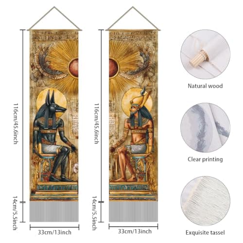 AHANDMAKER 2Pcs Ancient Egypt Mythology Tapestry Godsand Pharaohs Art Wall Hanging Decor Vertical Long Tapestry with Tassels for Bedroom Living Room Home Office Decoration, 45.7x13 Inch — view 2
