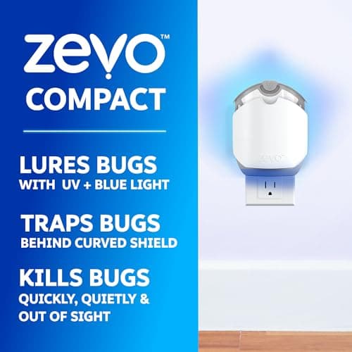 Zevo Compact Flying Insect Trap Kit with Refill Cartridges - Plug-in Indoor Bug Catcher for Gnats, House & Fruit Flies - Blue + UV Light Technology, No Odor, No Mess (1 Plug-in Device + 3 Cartridges)