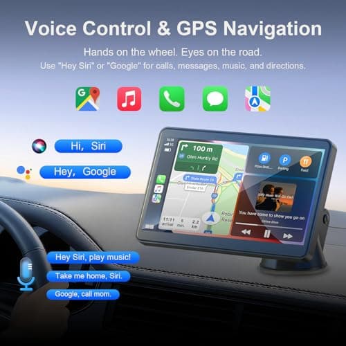 7" Portable Apple Car Play Screen for Vehicle, Wireless Android Auto & Apple Carplay Screen for Car with Bluetooth, GPS Navigation, Voice Control, Mirror Link, FM, AUX — view 2