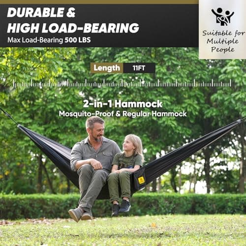 Camping Hammock with Mosquito Net, 500 lbs Portable Hammock with Tree Straps,2-in-1 Double/Single Travel hammocks Tent for Outside/Indoor/Backpacking/Beach-Black&Grey — view 3