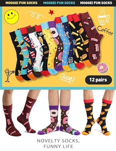 Men Funny Socks Fun Dress Cozy Crazy Cute Fashion Novelty Fun Gift Breathable Cotton Crew Socks Stocking Stuffers for Mens(Bright Food(12 Pairs),L)