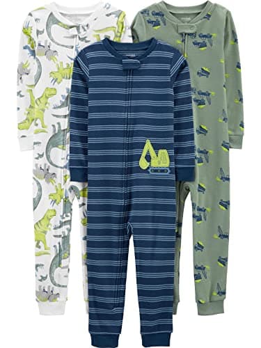Simple Joys by Carter's Baby Boys' Snug-Fit Footless Cotton Pajamas, Pack of 3, Blue Stripe/Green Trucks/White Dinosaur, 12 Months