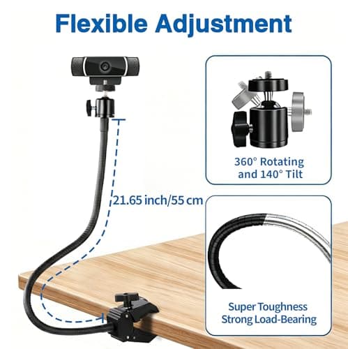 Sirmpuna Webcam Stand Mount, Flexible Gooseneck Webcam Arm Stand with Desk Camera Mount Clip Clamp for Logitech C922 C930e C920S C920 C615 C960 C920x Brio 4K NexiGo N60 and More