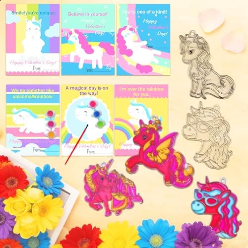 Ayhuhra 30 Sets Valentines Day Cards with Unicorn Paint Set-Unicorn Suncatchers Craft Kits DIY Window Paint Art for Valentine's Day Art Craft Gift Exchange — view 2