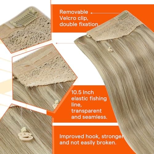Sunny Hair Wire Hair Extensions for Women Straight Fish Line Human Hair Extensions Invisible Wire Extensions Easy to Apply Dark Ash Blonde Highlights Golden Blonde 18inch 85g — view 2