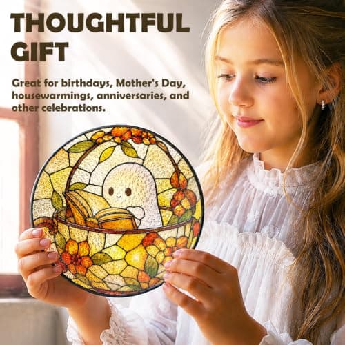 RUKUPA Book Lover Ghost Halloween Stained Glass Window Suncatcher 7.9x7.9