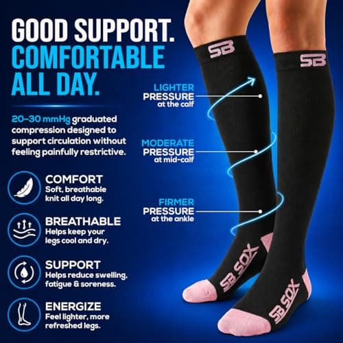 SB SOX Compression Socks for Men & Women (20-30mmHg) – Best Compression Socks for Flying, Medical, Sports, Wide Calf Fit, and Daily Wear, Two Stripes (Black/Pink), Small — view 3