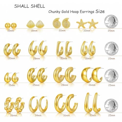 16 Pairs Starfish Chunky Gold Hoop Earrings Set for Women, Beach Shell Style Stack Statement Earrings, Hypoallergenic Lightweight Gold Plated Trendy Summer Jewelry Gift — view 6