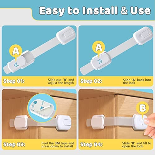 4our Kiddies 10 Pack Baby Proof Cabinet Locks, Child Safety Drawer Locks with 6 Extra 3M Adhesives, Childproof Cabinet Strap Locks for Drawers, Cupboards, Refrigerators, Adjustable No Drilling — view 5