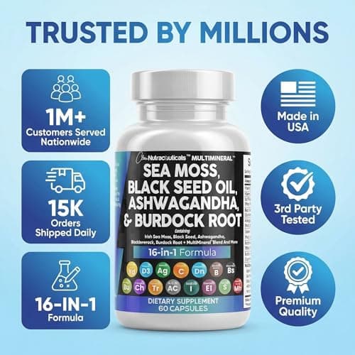 Clean Nutraceuticals Sea Moss Black Seed Oil Ashwagandha Turmeric Bladderwrack Burdock & Vitamin C Vitamin D3 with Elderberry Manuka Dandelion Yellow Dock Iodine Chlorophyll ACV — view 7