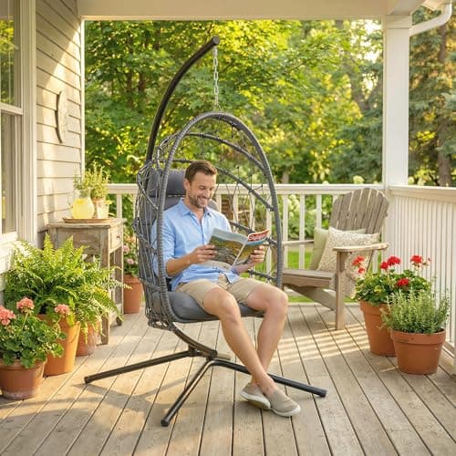 Outsunny Hanging Egg Chair with Stand, Foldable Wicker Rattan Swing Chair with Thick Cushion and Safety Rope for Patio Garden, Supports 264 lbs, Dark Grey — view 7