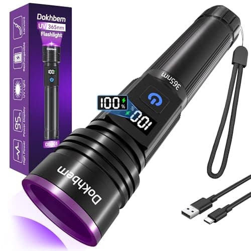Dokhbem 365nm UV Flashlight Rechargeable, Black Light Flashlight with LCD Display, Powerful Ultraviolet Lights for Pet Urine Detection, Resin Curing, Rockhounding, Scorpion, Uranium Glass, A/C Leak