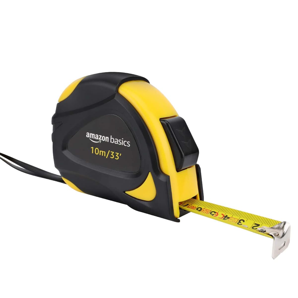 Amazon Basics Cinta métrica con cierre automático, escala y en pulgadas, precisión MID, 10 m (Paquete de 1), Negro, Amarillo