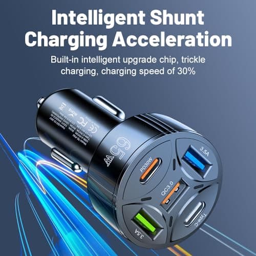 Alanph Super Fast Charging USB-C Car Charger Adapter, 65W 5-in-1 Multi-Port PD30W & QC3.0 Cigarette Lighter USB Charger for iPhone/Android/Samsung/iPad Pro (Black)