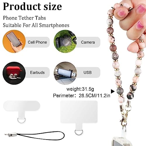 Phone Lanyard Wrist Strap, Stone Beaded Phone Wrist Strap with 2pcs Tether Tabs, Detachable Bracelet Phone Strap Chain for Women Girls (Pink)