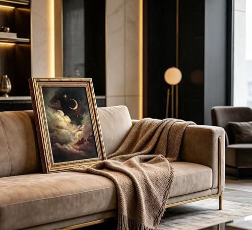 Vintage Gold Framed Celestial Wall Art, Moody Moon and Stars Gothic Painting Canvas Print, Dark Academia Wall Decor,Mystical Celestial Poster Artwork, for Living Room Bedroom Bathroom — view 6
