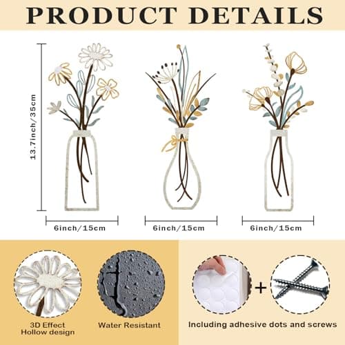 Pigort 3 Pieces Metal Flowers Wall Arts - Rustic Farmhouse Decor Beige Minimalist Flower Wall Decors for Living room Bathroom Bedroom Dining Room-Housewarming Gifts (Beige, Vase-C)