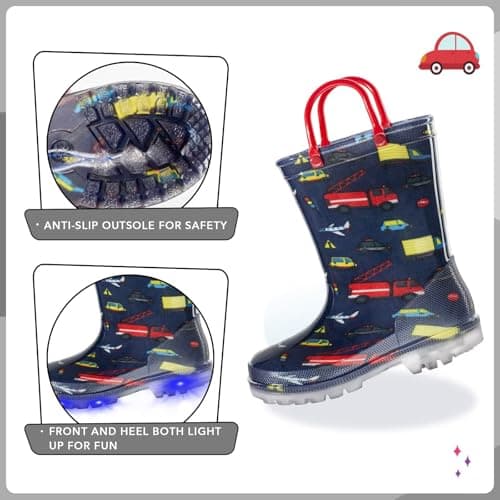 EUXTERPA Kids Toddler Light Up Rain Boots Boys Waterproof Patterns and Glitter Boots with Easy On Handles, Car, Toddler Size 10 — view 3