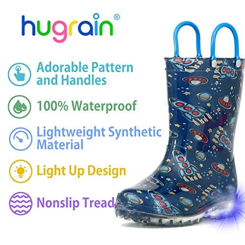 HugRain kids Boys Rain Boots Toddler Light Up Printed Waterproof Shoes Lightweight Adorable Cute Navy Blue Cosmos Rubber with Easy-On Handles and Insole (Size 13,Navy) — view 2