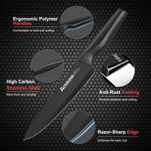 Knife Set, Astercook 21 Pieces Knife Sets for Kitchen with Block, Dishwasher Safe Kitchen Knife Set with Built-in Sharpener, German Stainless Steel Black Knife Block Set, Fathers Day Gift for Men — view 2