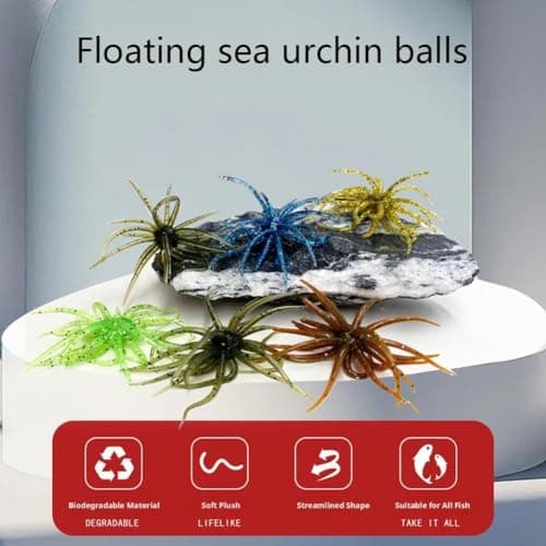 4Pcs Sea Urchin Soft Bait | Realistic Fuzzy Dice Fishing Lure for Bass & Perch | Floating TPR Swimbait with Reflective Stars | 6 Colors Artificial Worm Bait for Saltwater & Freshwater (Style B) — view 5