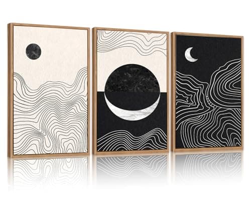 CHDITB Abstract Sun Moon Framed Canvas Art Prints Set(12"x16"), 3 Panels Modern Neutral Black and White Artwork Painting, Large Boho Minimalist Fine Line Wall Art Home Decor for Bedroom Living Room