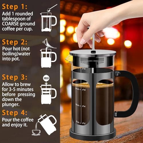 YMMIND French Press Coffee Maker (34oz 1Quart 5-6Cup) Coffee Press, with 4 Filters System, Heat Resistant Thickness Borosilicate Glass, Cold Brew Coffee Tea Pot Gifts (Bright Black) — view 5