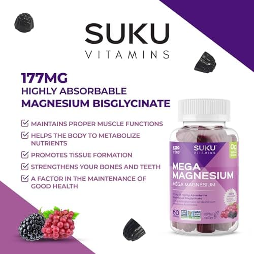 SUKU Vitamins Sugar-Free and Sugar Alcohol Free Natural Calm Magnesium Gummies for Adults | 177mg Magnesium Bisglycinate Gummy | Chewable Magnesium for Sleep & Anxiety | Vegan & Non-GMO | 60 Count — view 2